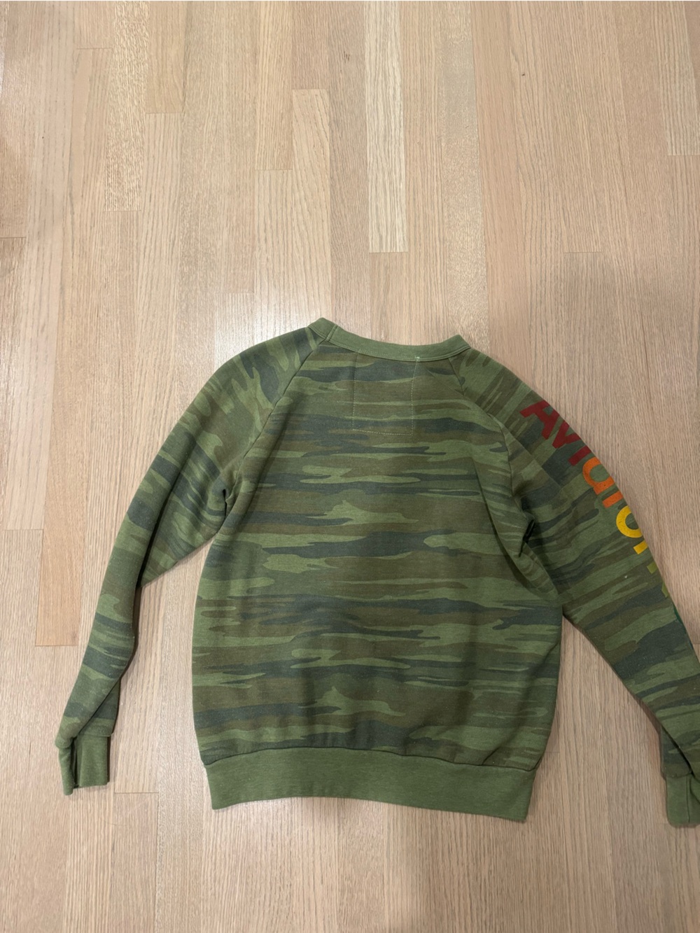 Aviator Nation Olive Green Camo Crewneck with Multicolor Sleeve Text